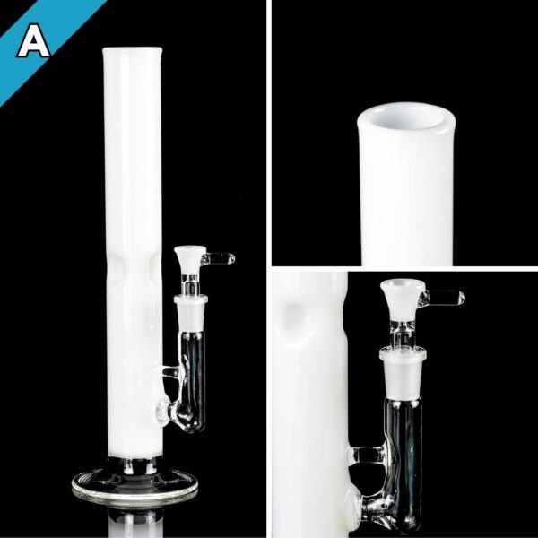 Three photos of a white straight tube, made by Jack Glass Co., on a black background