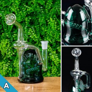 Three photos of a green and clear recycler, made by Jack Glass Co., on a wooden and floral background and a black background