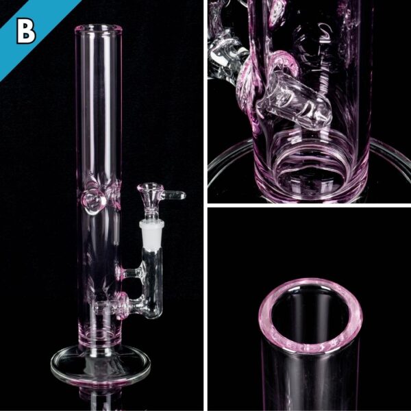 Three photos of a clear pink straight tube, made by Jack Glass Co., on a black background