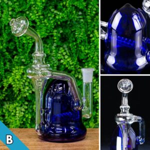 Three photos of a bue and clear recycler, made by Jack Glass Co., on a wooden and floral background and a black background