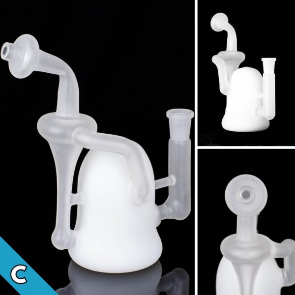 Three photos of a frosted white recycler, made by Jack Glass Co., on a black background