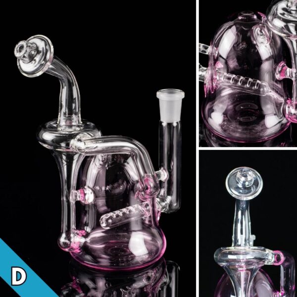 Three photos of a pink and clear recycler, made by Jack Glass Co., on a black background