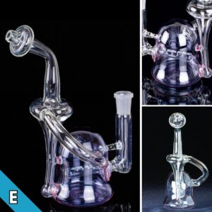 Three photos of a lilac and clear recycler, made by Jack Glass Co., on a black background