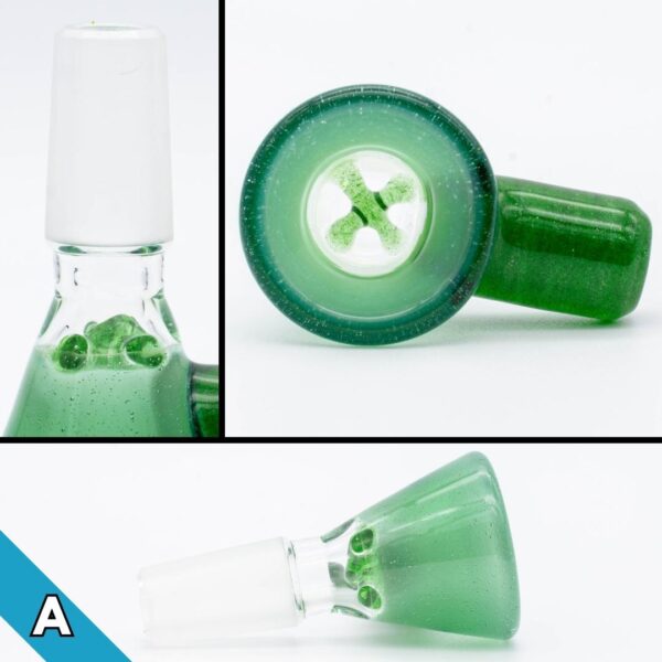 Three photos of a 14mm green slide made by BorOregon, on a white background