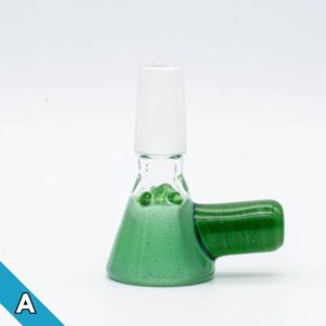 A 14mm green slide made by BorOregon, on a white background