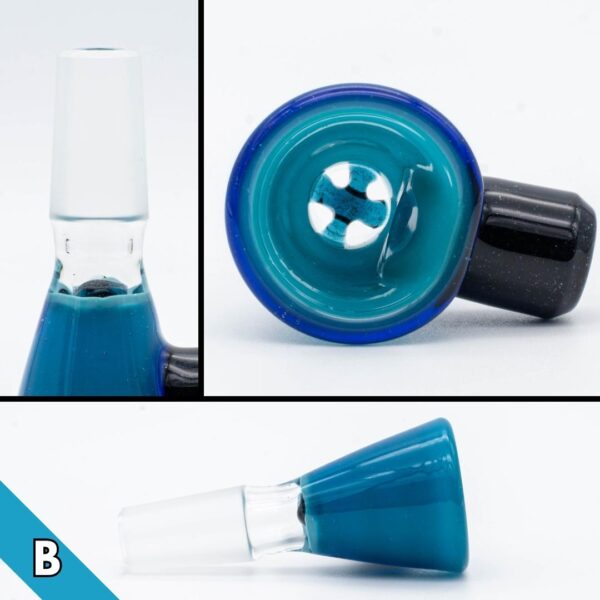 Three photos of a 14mm blue slide made by BorOregon, on a white background