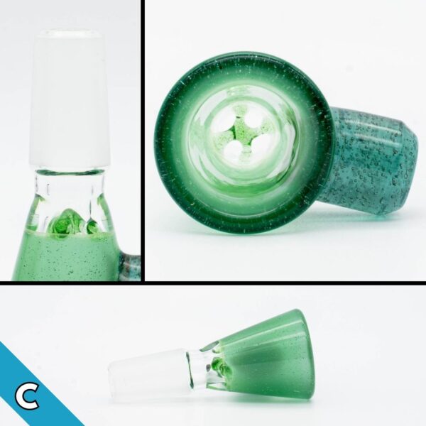Three photos of a 14mm green slide made by BorOregon, on a white background