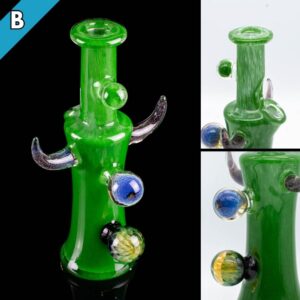 Three photos of a green jammer by Gooman Glass, on a white background and a black background