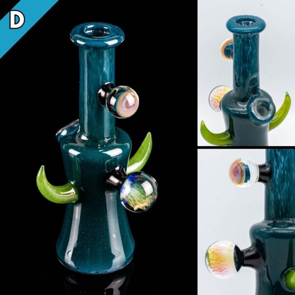 Three photos of a dark green jammer by Gooman Glass, on a white background and a black background