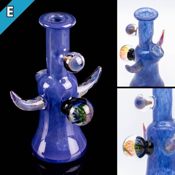 Three photos of a blue jammer by Gooman Glass, on a white background and a black background