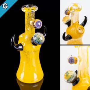 Three photos of a yellow jammer by Gooman Glass, on a white background and a black background