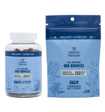 A 10-count and a 40-count of Lazarus Naturals CBD Calm Gummies, on a white background.