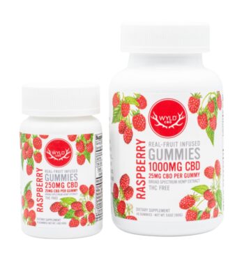 A 10-count and a 40-count bottle of Wyld CBD Raspberry Gummies, on a white background.