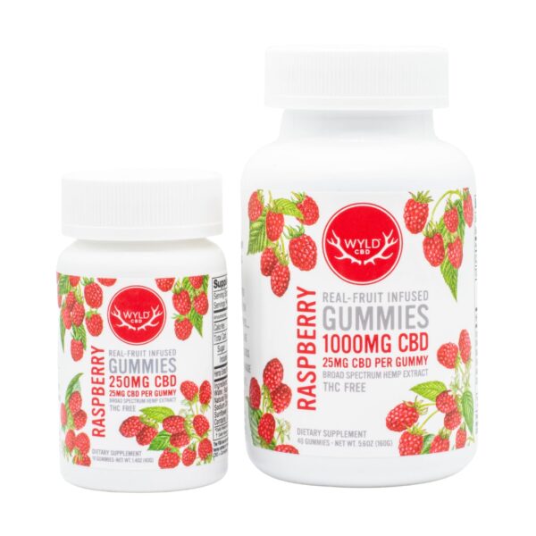 A 10-count and a 40-count bottle of Wyld CBD Raspberry Gummies, on a white background.