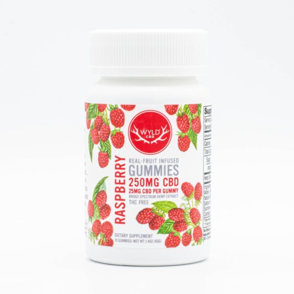 A 10-count bottle of Wyld CBD Raspberry Gummies, on a white background.