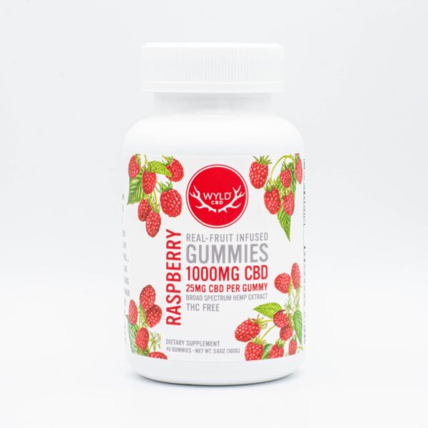 A 40-count bottle of Wyld CBD Raspberry Gummies, on a white background.