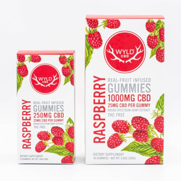 The boxes that contain the 10-count and the 40-count bottles of Wyld CBD Raspberry Gummies, on a white background.