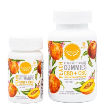 A 10-count and a 40-count bottle of Wyld CBD + CBC Peach Gummies, on a white background.