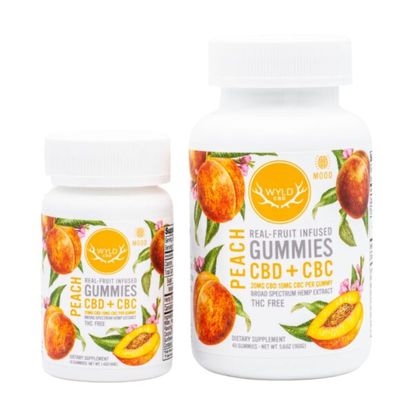 A 10-count and a 40-count bottle of Wyld CBD + CBC Peach Gummies, on a white background.