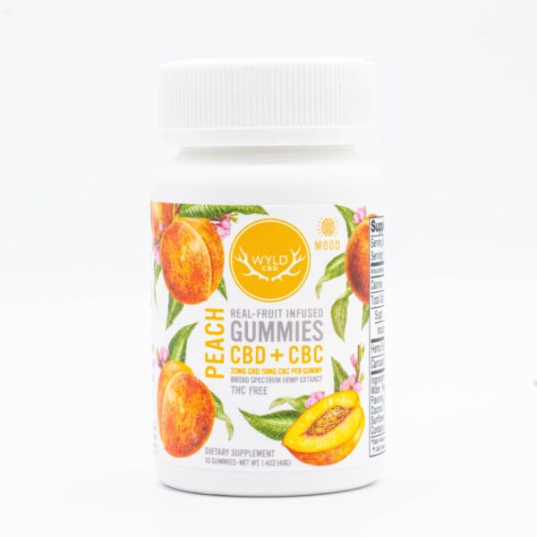 A 10-count bottle of Wyld CBD + CBC Peach Gummies, on a white background.