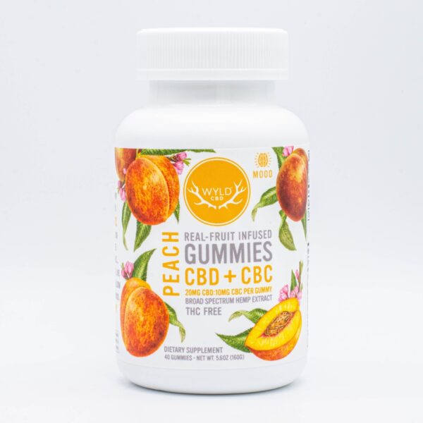 A 40-count bottle of Wyld CBD + CBC Peach Gummies, on a white background.