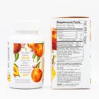 The backside of 40-count bottle of Wyld CBD + CBC Peach Gummies, next to the backside of its box, on a white background.
