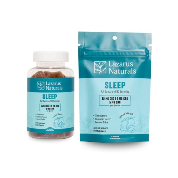 A 10ct bag and a 40ct bottle of Lazarus Naturals CBD Sleep Gummies sitting next to each other on a white background.