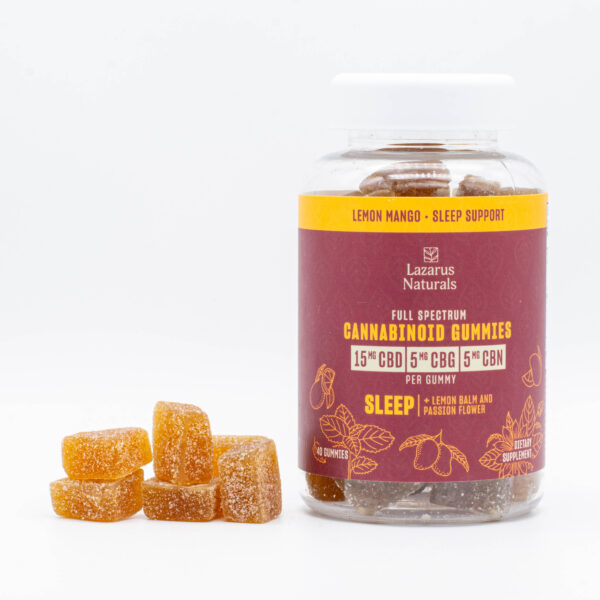 A 40-count of Lazarus Naturals Cannabinoid Sleep Gummies, next to a pile of the gummies, on a white background.