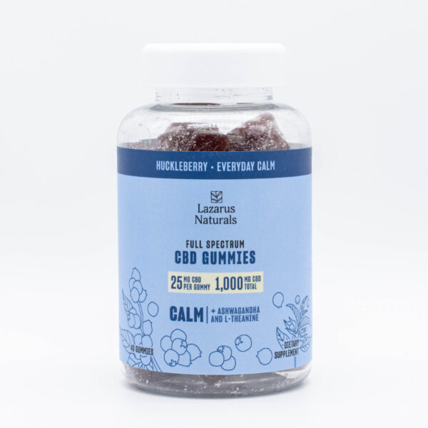 A 40-count of Lazarus Naturals CBD Calm Gummies, on a white background.