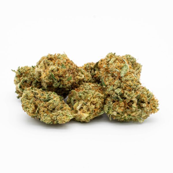 A group of nugs of OG Gelato hemp flower on a white background