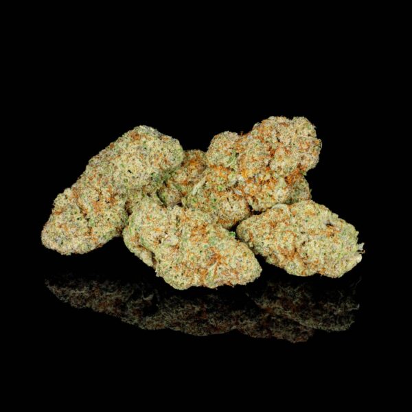 A group of nugs of Fabled hemp flower on a black background