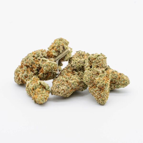 A group of nugs of Fabled hemp flower on a white background