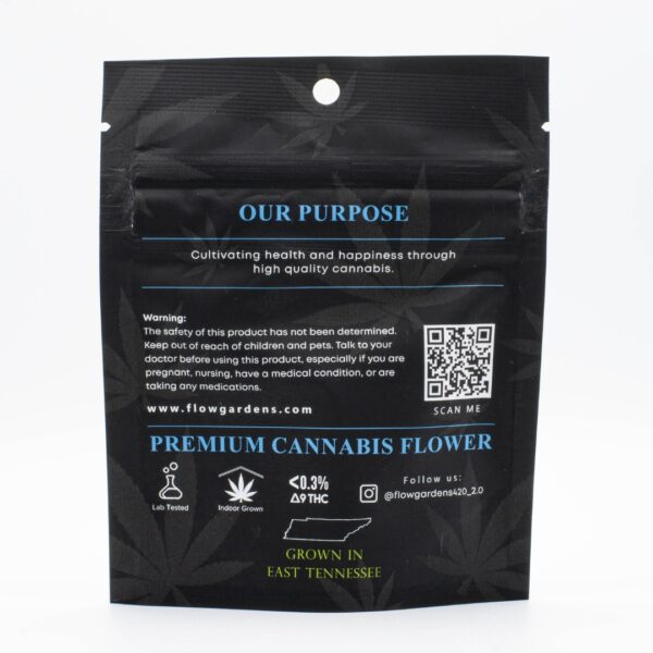 The backside of a 3.5g bag of Fabled hemp flower, on a white background