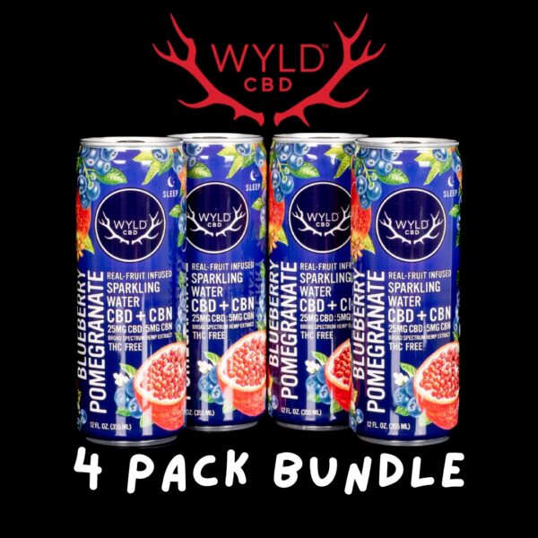 Four cans of Blueberry Pomegranate WYLD CBD Water on a white background