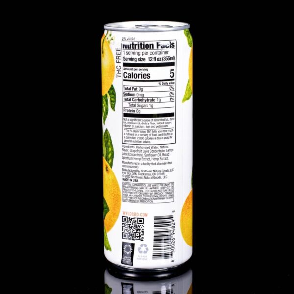 The backside of a can of Grapefruit WYLD CBD Water on a black background