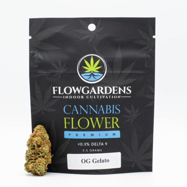 A single nug of OG Gelato hemp flower, next to a 3.5g bag, on a white background