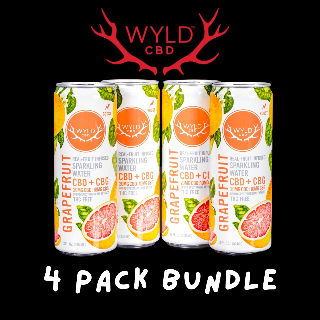 Four cans of Grapefruit WYLD CBD + CBG Water on a white background