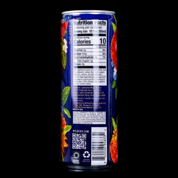 The backside of a can of Blueberry Pomegranate WYLD CBD Water on a white background