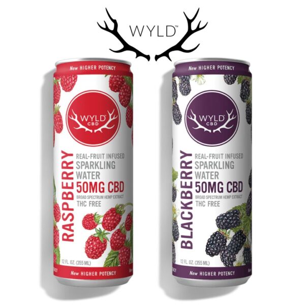 A can of Raspberry and a can of Blackberry WYLD CBD Beverages on a white background. Page also contains the WYLD logo.