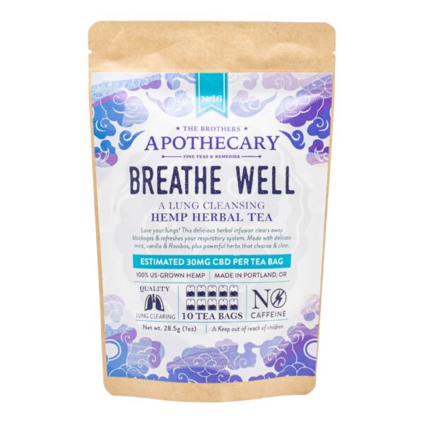 A 10-pack bag of Breathe Well - Hemp Tea by The Brothers Apothecary, on a white background