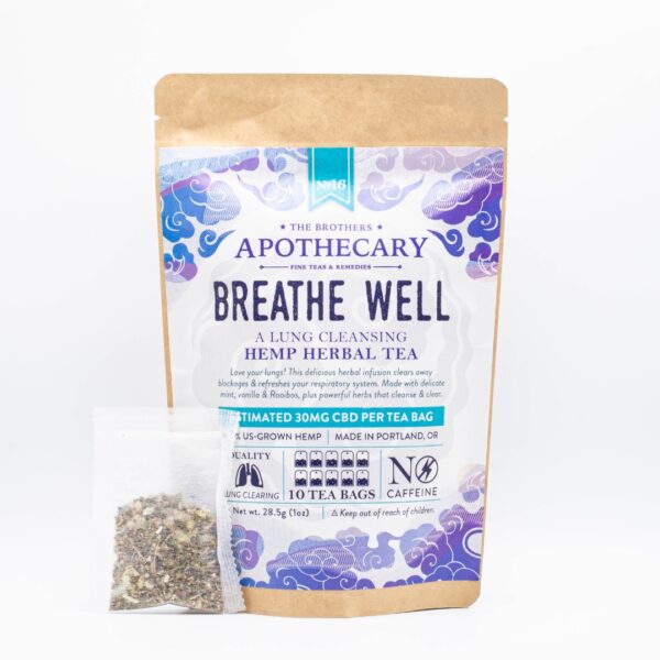 A 10-pack bag of Breathe Well - Hemp Tea by The Brothers Apothecary, next to a single tea bag, on a white background
