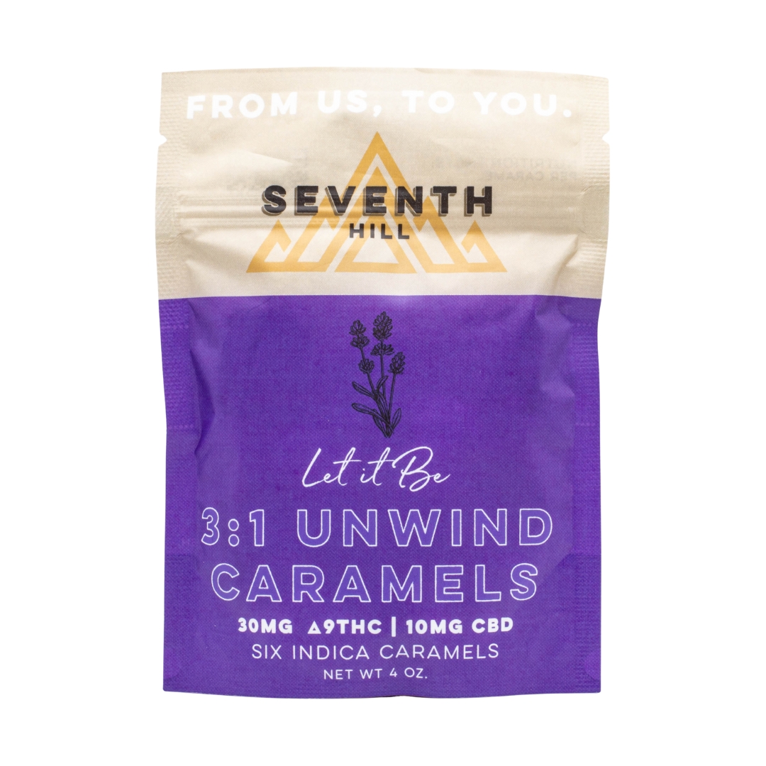 A 6 pack of Seventh Hill CBD's 3:1 Unwind Caramel on a clear background