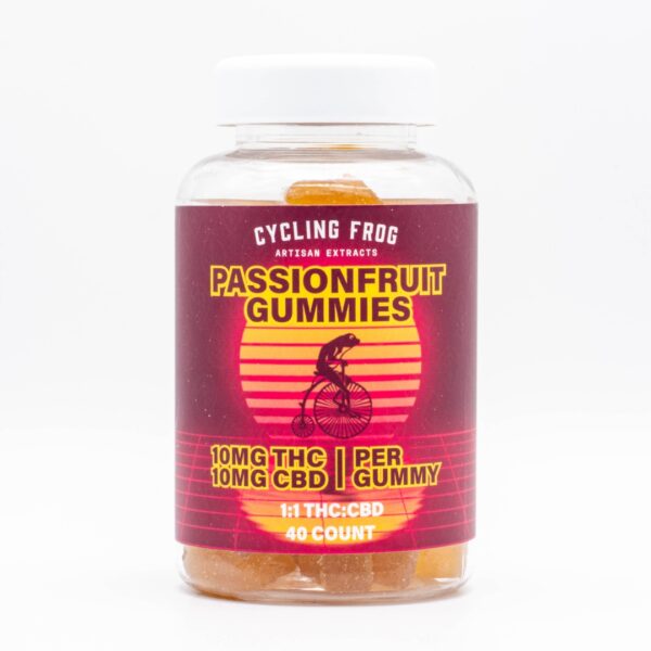 One 40-count jar of Cycling Frog Passionfruit 1:1 Gummies, on a white background