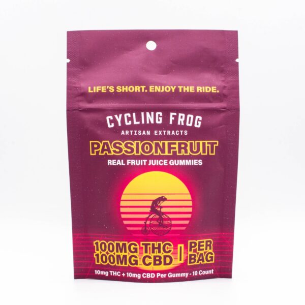 One 10-count bag of Cycling Frog Passionfruit 1:1 Gummies, on a white background