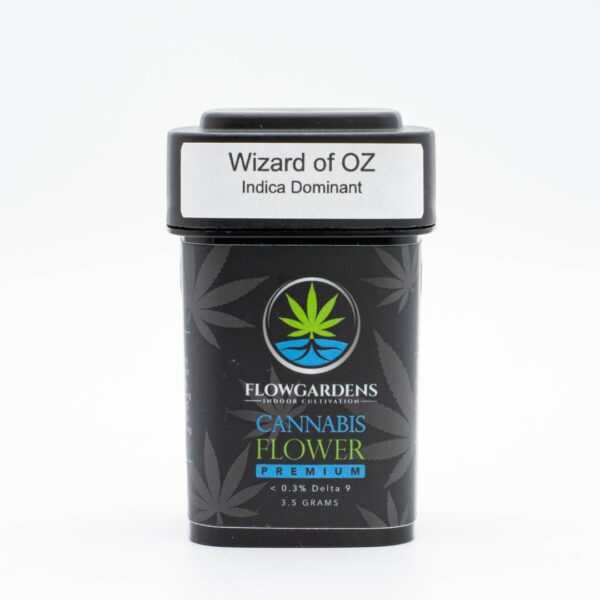 The backside of a 3.5g bag of Flow Gardens Wizard of Oz hemp flower, on a white background