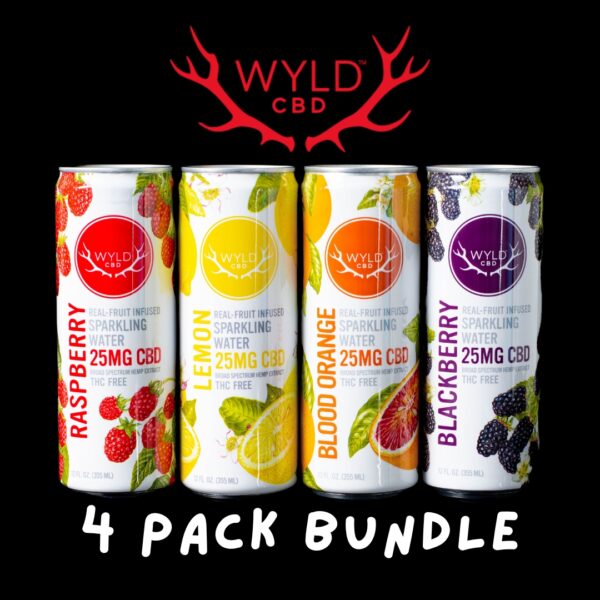 Each flavor or WYLD CBD Sparkling Water, on a black background.