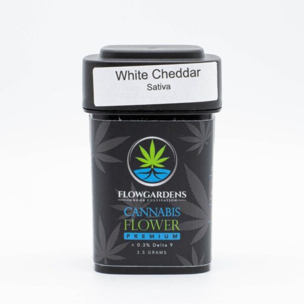 A container of 3.5g of Flow Gardens White Cheddar CBG hemp flower, on a white background