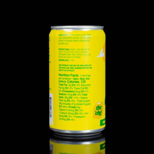 The backside of a single can of Lemonade Ayrloom Micro Infused Beverage on a black background