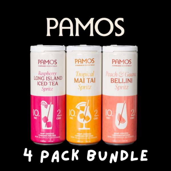 Three Pamos Infused Cocktails, each one being a different cocktail recipe, on a black background