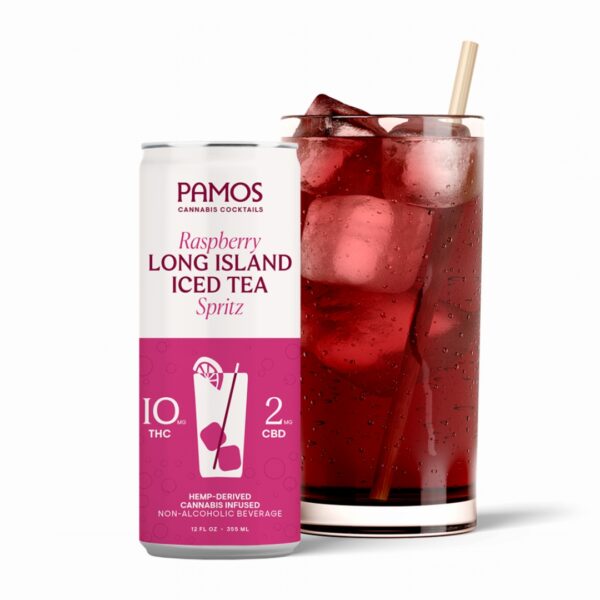 A can of the Long Island Iced Tea flavor of Pamos Infused Cocktails, next to a glass of the drink, on a white background